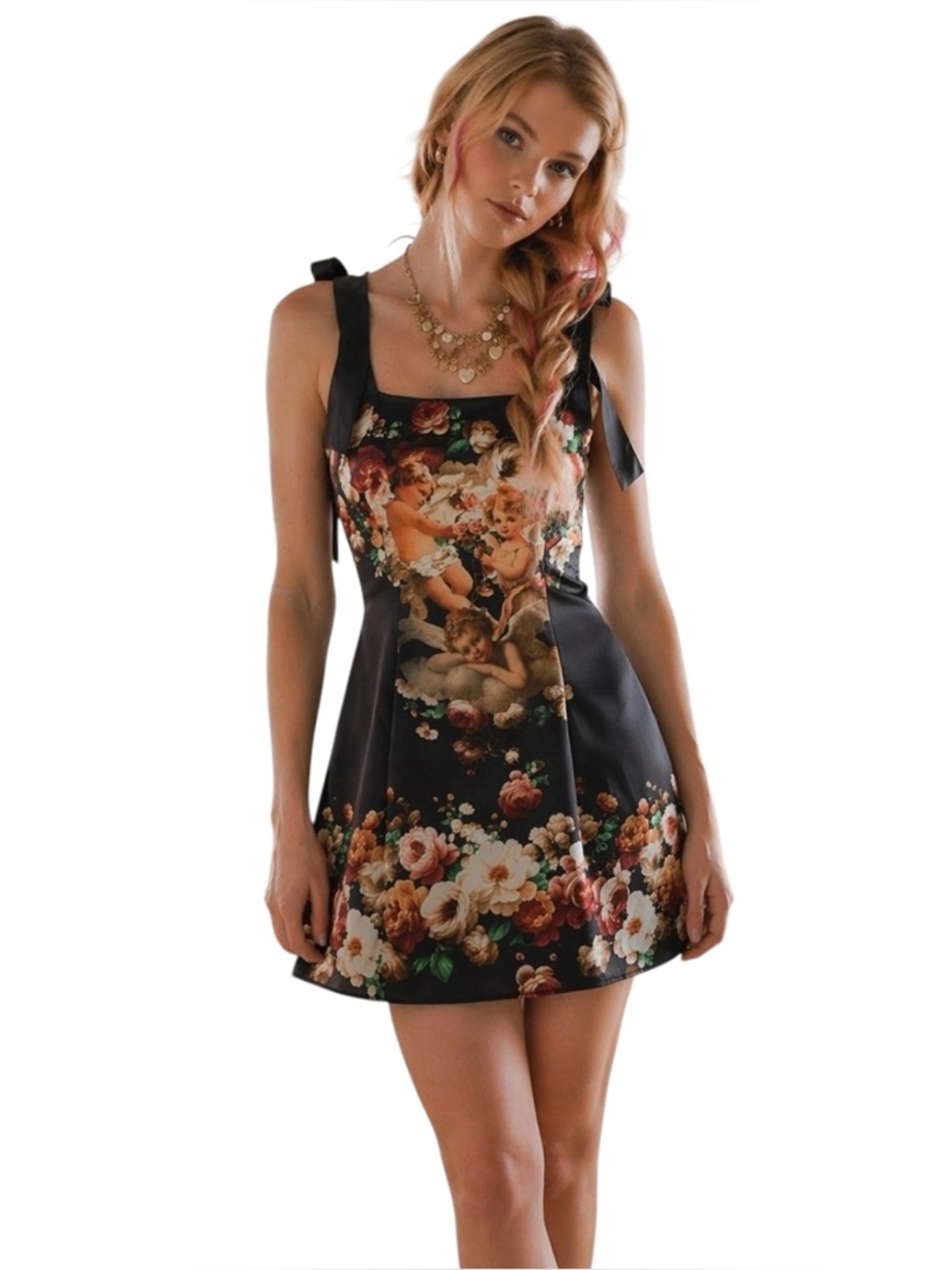 Black Satin Cherub Floral Mini Dress Urban Outfitters Bow Back Cottagecore